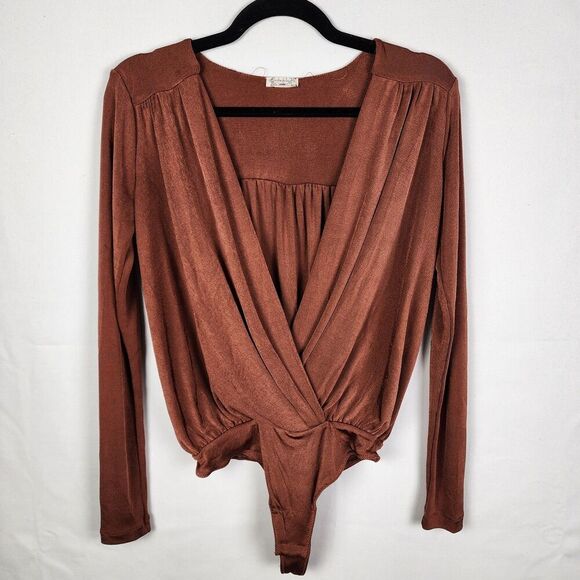 Intimately Free People Turnt Bodysuit Long Sleeve Draped Thong Brown Size S - Picture 2 of 8